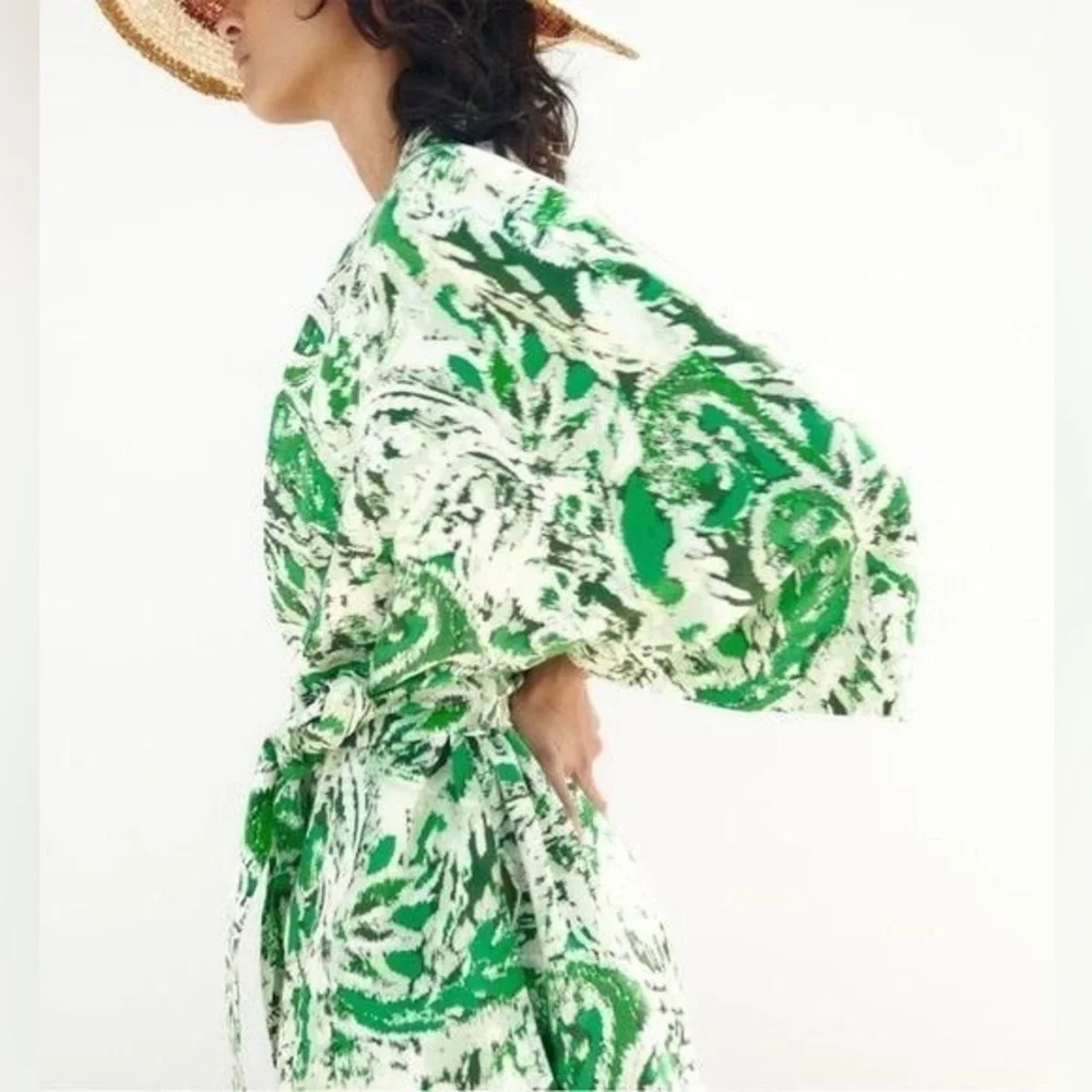 ZARA Linen Blend Printed Kimono Printed ✨ White + Green Size M/L - Picture 6 of 15